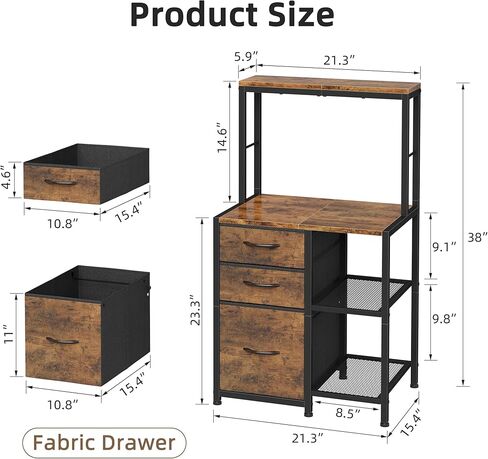 File Cabinet with 3 Fabric Drawers and 4 Open Shelves, Printer Stand with Top Storage Shelf, Office Cabinet with File Drawer Fits A4/Letter for Home Office, Rustic Brown in Kuwait