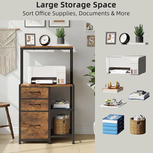 File Cabinet with 3 Fabric Drawers and 4 Open Shelves, Printer Stand with Top Storage Shelf, Office Cabinet with File Drawer Fits A4/Letter for Home Office, Rustic Brown in Kuwait