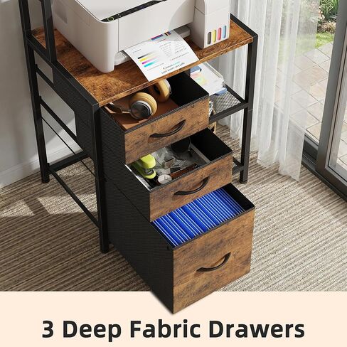 File Cabinet with 3 Fabric Drawers and 4 Open Shelves, Printer Stand with Top Storage Shelf, Office Cabinet with File Drawer Fits A4/Letter for Home Office, Rustic Brown in Kuwait