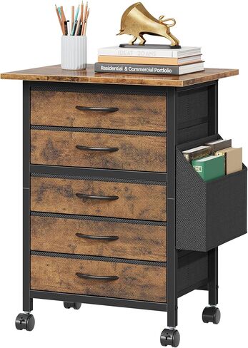 Rolling File Cabinet with Side Pocket, 5 Drawers Filing Cabinet for Home Office, Printer Stand with Storage, Wood Top Office Storage Cabinet for Documents and Crafts, Rustic Brown, 15" D in Kuwait