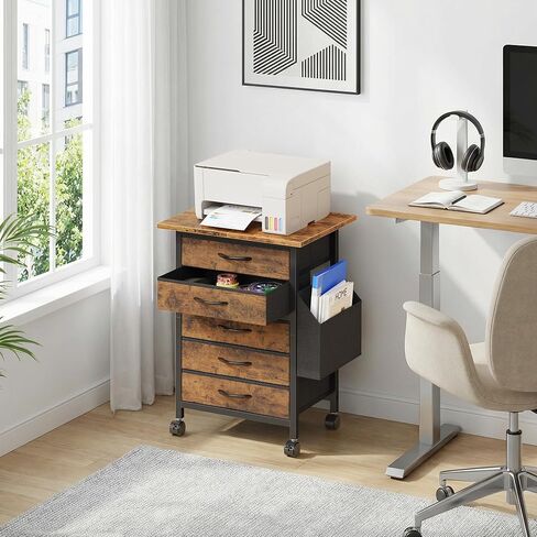 Rolling File Cabinet with Side Pocket, 5 Drawers Filing Cabinet for Home Office, Printer Stand with Storage, Wood Top Office Storage Cabinet for Documents and Crafts, Rustic Brown, 15" D in Kuwait