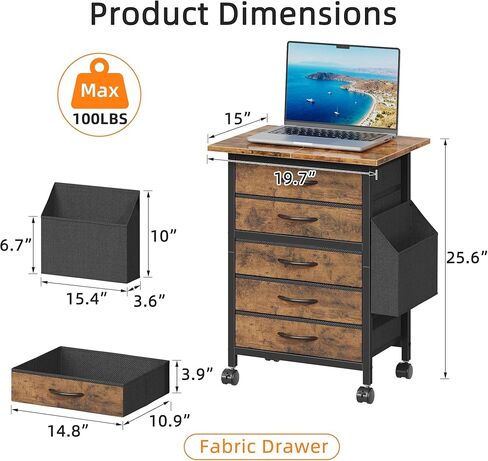 Rolling File Cabinet with Side Pocket, 5 Drawers Filing Cabinet for Home Office, Printer Stand with Storage, Wood Top Office Storage Cabinet for Documents and Crafts, Rustic Brown, 15" D in Kuwait