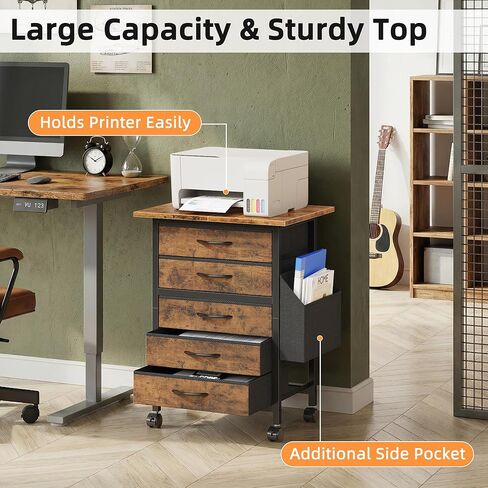 Rolling File Cabinet with Side Pocket, 5 Drawers Filing Cabinet for Home Office, Printer Stand with Storage, Wood Top Office Storage Cabinet for Documents and Crafts, Rustic Brown, 15" D in Kuwait