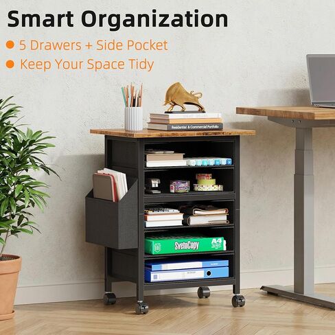 Rolling File Cabinet with Side Pocket, 5 Drawers Filing Cabinet for Home Office, Printer Stand with Storage, Wood Top Office Storage Cabinet for Documents and Crafts, Rustic Brown, 15" D in Kuwait