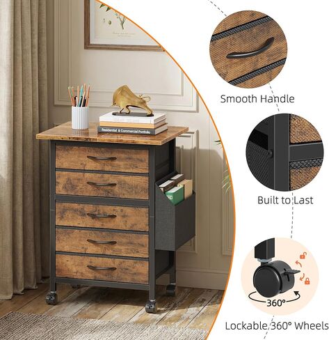 Rolling File Cabinet with Side Pocket, 5 Drawers Filing Cabinet for Home Office, Printer Stand with Storage, Wood Top Office Storage Cabinet for Documents and Crafts, Rustic Brown, 15" D in Kuwait