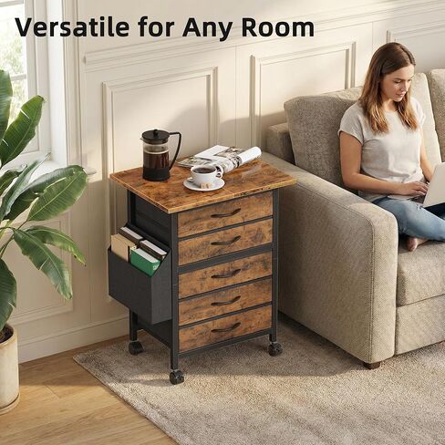 Rolling File Cabinet with Side Pocket, 5 Drawers Filing Cabinet for Home Office, Printer Stand with Storage, Wood Top Office Storage Cabinet for Documents and Crafts, Rustic Brown, 15" D in Kuwait