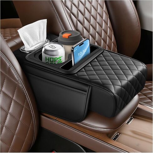 2026 New 5 in1 Car Armrest Storage Box,Multifunctional Leather Car Armrest Box Pad with Cup Holder & Phone Holder & Storage Bag,Comfortable Center Console Cover for Elbow Support in Saudi Arabia