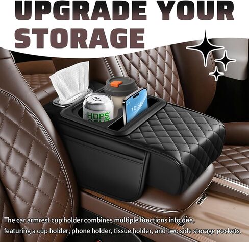 2026 New 5 in1 Car Armrest Storage Box,Multifunctional Leather Car Armrest Box Pad with Cup Holder & Phone Holder & Storage Bag,Comfortable Center Console Cover for Elbow Support in Saudi Arabia