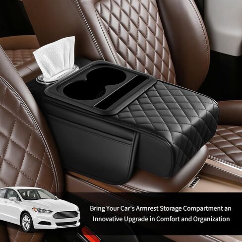 2026 New 5 in1 Car Armrest Storage Box,Multifunctional Leather Car Armrest Box Pad with Cup Holder & Phone Holder & Storage Bag,Comfortable Center Console Cover for Elbow Support in Saudi Arabia