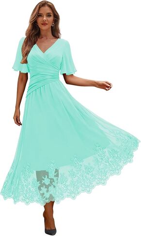 فستان YOFF نسائي برقبة على شكل V لأم العروس بطيات على شكل حرف A وأكمام قصيرة من الشيفون فستان رسمي YO002 in Kuwait