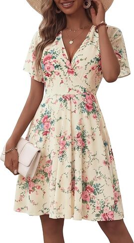 فستان GUBERRY للسيدات للربيع والصيف كاجوال مزين بالورود ورقبة على شكل حرف V شبكي قابل للتمدد، فستان ضيوف زفاف متواضع in Kuwait