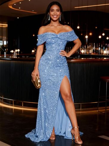 CuteMe Off Shoulder Sequin Prom Dress for Women Twist Ruched Formal Evening Gown with Slit CC007 in Saudi Arabia