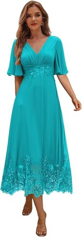 Women's Short Sleeves Mother of The Bride Dresses V Neck Chiffon Formal Evening Party Dress ZU103 in Saudi Arabia