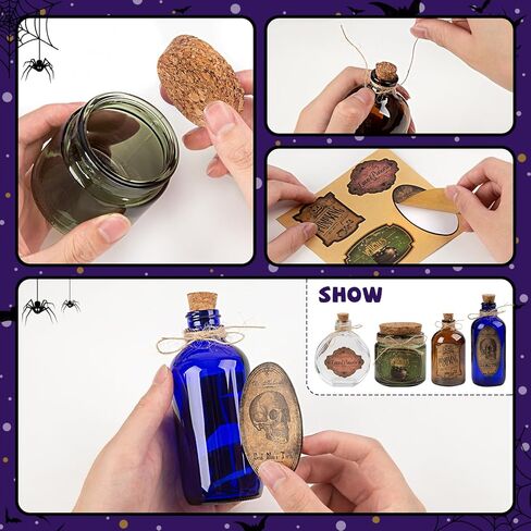 Potion Bottles Halloween Decoration, Set of 4 Glass Potion Bottles with Corks and 10 Halloween Bottle labels, Halloween Tiered Tray Decor, Halloween Decorations Indoor in Kuwait