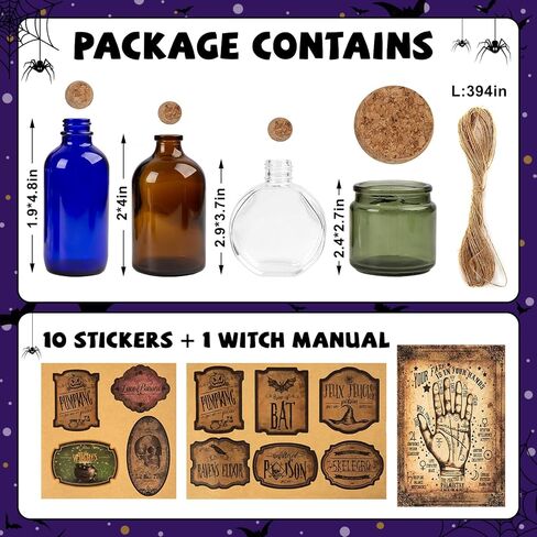 Potion Bottles Halloween Decoration, Set of 4 Glass Potion Bottles with Corks and 10 Halloween Bottle labels, Halloween Tiered Tray Decor, Halloween Decorations Indoor in Kuwait