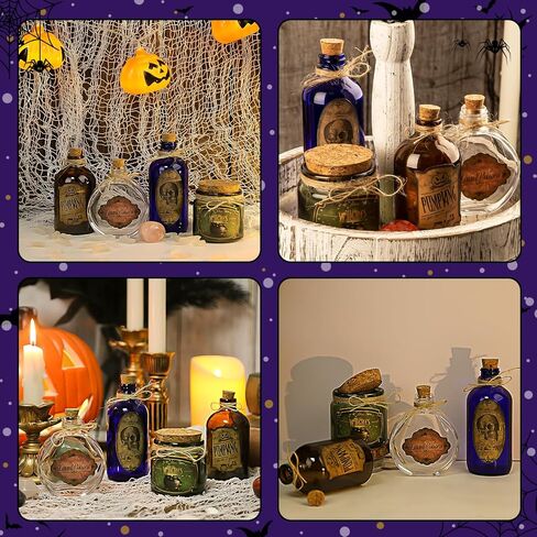 Potion Bottles Halloween Decoration, Set of 4 Glass Potion Bottles with Corks and 10 Halloween Bottle labels, Halloween Tiered Tray Decor, Halloween Decorations Indoor in Kuwait