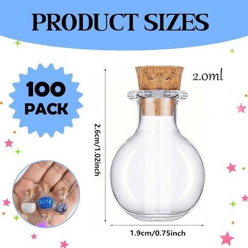 100 Pcs 2ml Mini Glass Bottles with Cork Stoppers, Small Wishing Potion & Clear Drifting Message Glass Vials for Birthday Party Favors, DIY Crafts, Spell Jars and Gift Making Supplies in Saudi Arabia