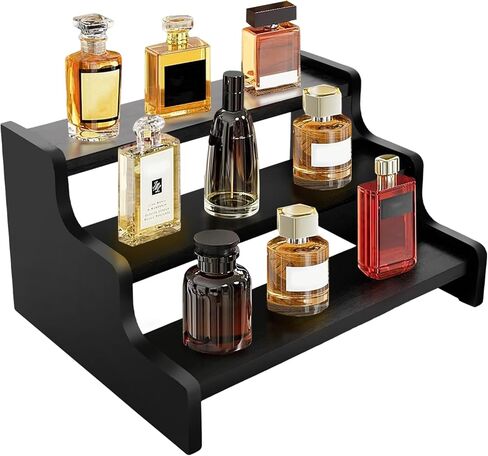 Wooden Cologne Organizer for Men, Perfume Organizer Stand, Cologne Stand with Anti-Slip Washers, Wooden Display Risers Stand for Figures, Fragrances, Dessert, Cupcake, Makeup (Black, 3-tier-9.4in) in Saudi Arabia