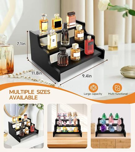 Wooden Cologne Organizer for Men, Perfume Organizer Stand, Cologne Stand with Anti-Slip Washers, Wooden Display Risers Stand for Figures, Fragrances, Dessert, Cupcake, Makeup (Black, 3-tier-9.4in) in Saudi Arabia