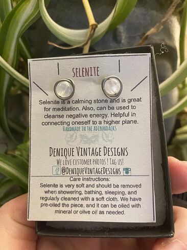 Selenite 6mm Post Earrings in Black Iron, Titanium, Steel, Sterling Silver,14K Rose Gold or 14k Gold Wire (Handmade), Birthstone Jewelry, Real Gemstone bead in Saudi Arabia