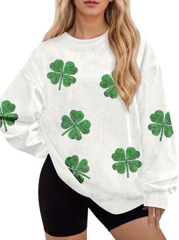 For G and PL Womens St. Patrick's Long Sleeve Irish Sequin Pullover Shamrock Clover Print Casual Sweatshirts in Saudi Arabia