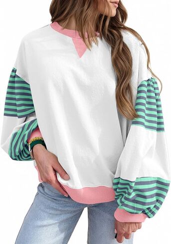 Fisoew Womens Color Block Oversized Sweatshirt Casual Lantern Long Sleeve Crewneck Striped Pullover Tops Fall Outfits White in Saudi Arabia