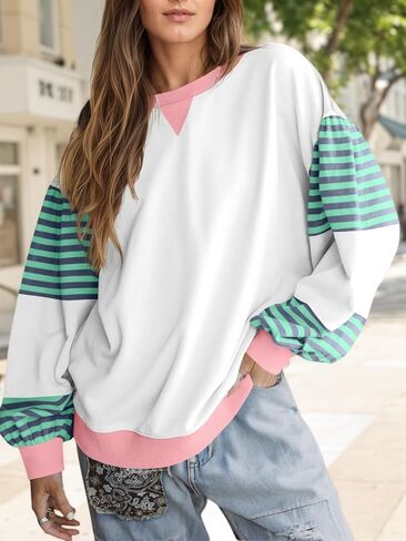 Fisoew Womens Color Block Oversized Sweatshirt Casual Lantern Long Sleeve Crewneck Striped Pullover Tops Fall Outfits White in Saudi Arabia