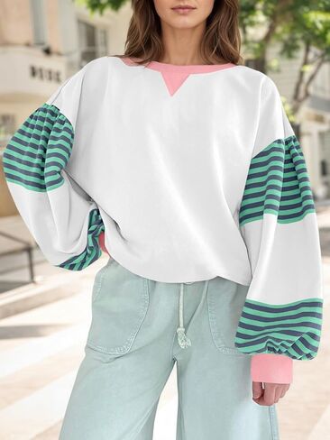 Fisoew Womens Color Block Oversized Sweatshirt Casual Lantern Long Sleeve Crewneck Striped Pullover Tops Fall Outfits White in Saudi Arabia