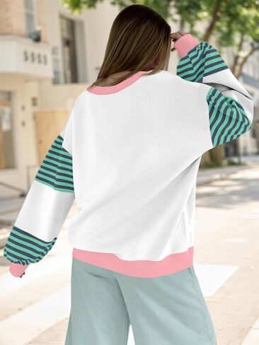 Fisoew Womens Color Block Oversized Sweatshirt Casual Lantern Long Sleeve Crewneck Striped Pullover Tops Fall Outfits White in Saudi Arabia