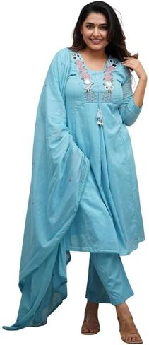 Women’s Sky Blue Cotton Kurta Set with Dupatta – Floral Embroidered Ethnic Wear, Comfortable Casual in Saudi Arabia
