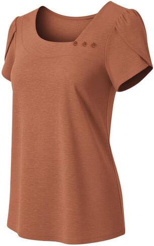 Womens Button Down Shirt Short Sleeve Tops Casual T Shirts Summer Asymmetrical Neck Dressy Blouses Petal Sleeve Tunic in Kuwait