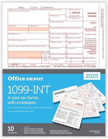 Office Depot® 1099-INT Laser Tax Forms with Envelopes, 4-Part, 2-Up, 8-1/2" x 11", Pack of 10 Form Sets in Saudi Arabia