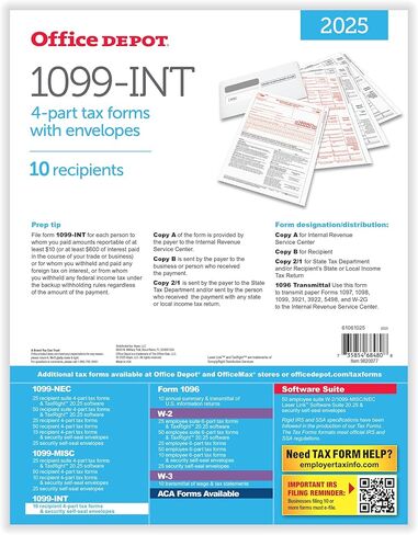 Office Depot® 1099-INT Laser Tax Forms with Envelopes, 4-Part, 2-Up, 8-1/2" x 11", Pack of 10 Form Sets in Saudi Arabia