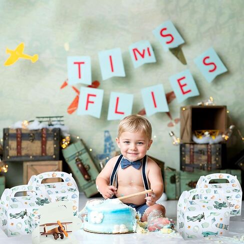 12 PCS Airplane Party Treat Boxes Birthday Decorations Plane Themed Party Favor Gift Box Bags Goodie Candy for Time Flies 1st Birthday Baby Shower Decorations in Saudi Arabia