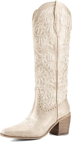 Women's Embroidered Knee-High Western Cowboy Boots, Soft Faux Leather Pull-On Fashion Cowgirl Boots with Pointed Toe and Chunky Heel for Concert, Festival, Party and Daily Outfit in Saudi Arabia