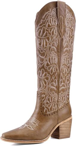 Women's Embroidered Knee-High Western Cowboy Boots, Soft Faux Leather Pull-On Fashion Cowgirl Boots with Pointed Toe and Chunky Heel for Concert, Festival, Party and Daily Outfit in Saudi Arabia