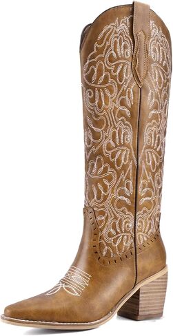 Women's Embroidered Knee-High Western Cowboy Boots, Soft Faux Leather Pull-On Fashion Cowgirl Boots with Pointed Toe and Chunky Heel for Concert, Festival, Party and Daily Outfit in Saudi Arabia