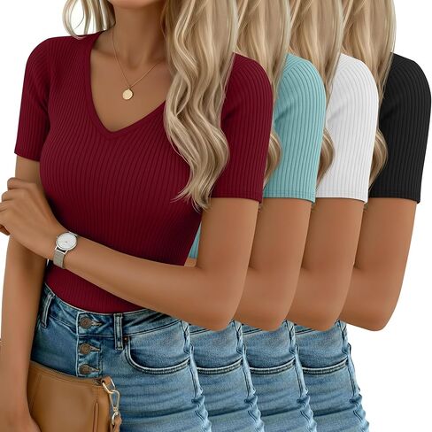 Neer 4 Pack Women’s V Neck Thirts Cotton Sleeve Short Slim Fit Tops Discal Summer Basic Tee Multipack in Saudi Arabia