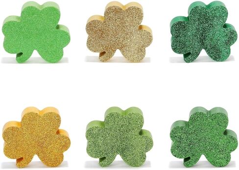 زينة عيد القديس باتريك، 6 قطع خشبية لامعة لامعة، صينية متدرجة للعطلات الأيرلندية للقديس باتي، رف طاولة منزلي، مجموعة ديكور مكتب المكتب، علامات على سطح الطاولة باللون الأخضر والذهبي البرسيم in Kuwait