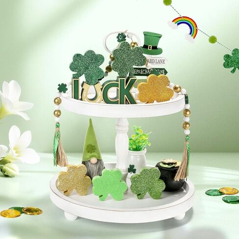 زينة عيد القديس باتريك، 6 قطع خشبية لامعة لامعة، صينية متدرجة للعطلات الأيرلندية للقديس باتي، رف طاولة منزلي، مجموعة ديكور مكتب المكتب، علامات على سطح الطاولة باللون الأخضر والذهبي البرسيم in Kuwait