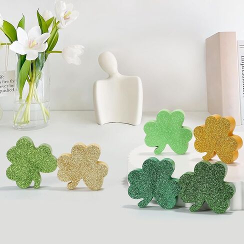 زينة عيد القديس باتريك، 6 قطع خشبية لامعة لامعة، صينية متدرجة للعطلات الأيرلندية للقديس باتي، رف طاولة منزلي، مجموعة ديكور مكتب المكتب، علامات على سطح الطاولة باللون الأخضر والذهبي البرسيم in Kuwait