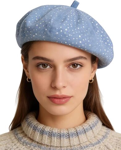 Women Denim Beret Hat Shiny Studded Crystal Newsboy Hats French Style Octagonal Caps Bling Artist Painter Hats in Kuwait
