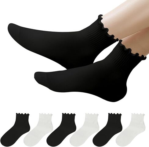 جوارب نسائية مكشكشة للكاحل 6 أزواج - جوارب قطنية لطيفة بحافة خس مكشكشة للنساء والفتيات in Kuwait