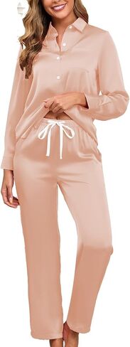 HALCYEEN Women’s Silk Satin Pajama Set Soft Short Sleeve Sleepwear Button Down Lounge 2 Piece Nightwear Pjs S-XXL in Saudi Arabia