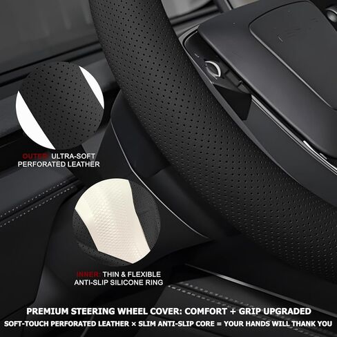 Microfiber Leather Universal 14.5-15 inch Steering Wheel Cover,Easy to Install Non-Slip Breathable Steering Wheel Protector Black in Saudi Arabia
