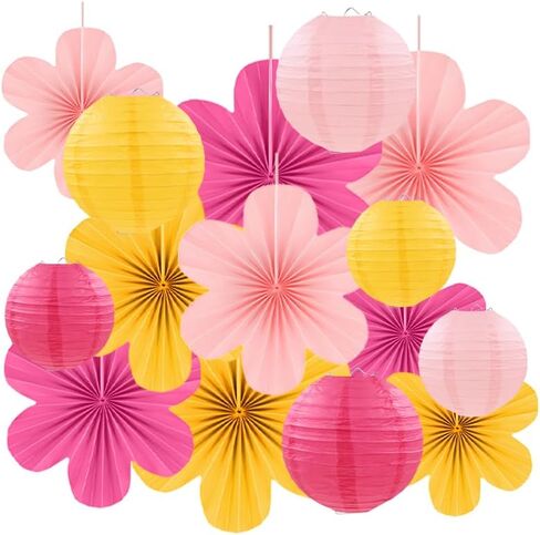 15Pcs Pink Yellow Party Decor Kit, Hanging Paper Lanterns Paper Flowers for Birthday Baby Shower Wedding Classroom Wall Decorations in Saudi Arabia