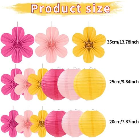 15Pcs Pink Yellow Party Decor Kit, Hanging Paper Lanterns Paper Flowers for Birthday Baby Shower Wedding Classroom Wall Decorations in Saudi Arabia