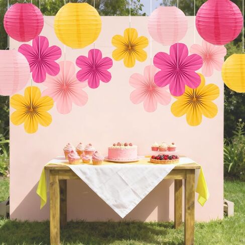 15Pcs Pink Yellow Party Decor Kit, Hanging Paper Lanterns Paper Flowers for Birthday Baby Shower Wedding Classroom Wall Decorations in Saudi Arabia