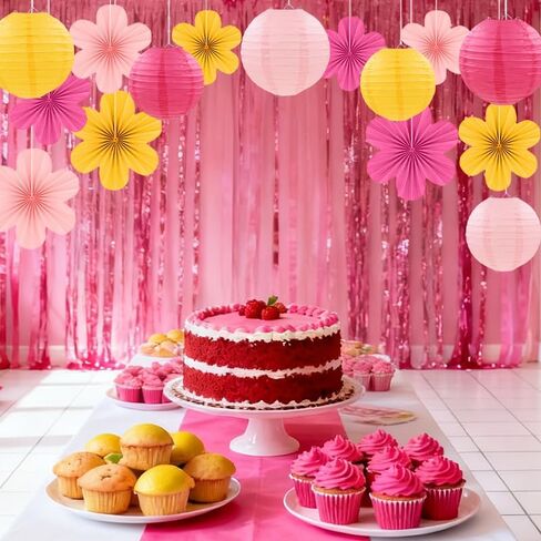 15Pcs Pink Yellow Party Decor Kit, Hanging Paper Lanterns Paper Flowers for Birthday Baby Shower Wedding Classroom Wall Decorations in Saudi Arabia