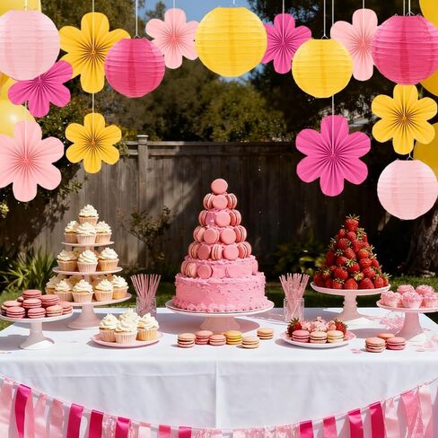 15Pcs Pink Yellow Party Decor Kit, Hanging Paper Lanterns Paper Flowers for Birthday Baby Shower Wedding Classroom Wall Decorations in Saudi Arabia